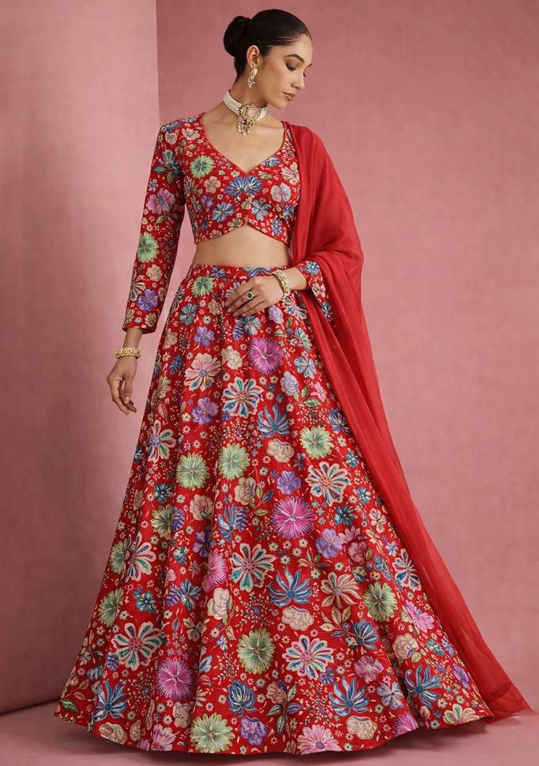 Red Chinon Lehenga Set with Floral Print for Diwali | Wedding & Festive Wear - Indya