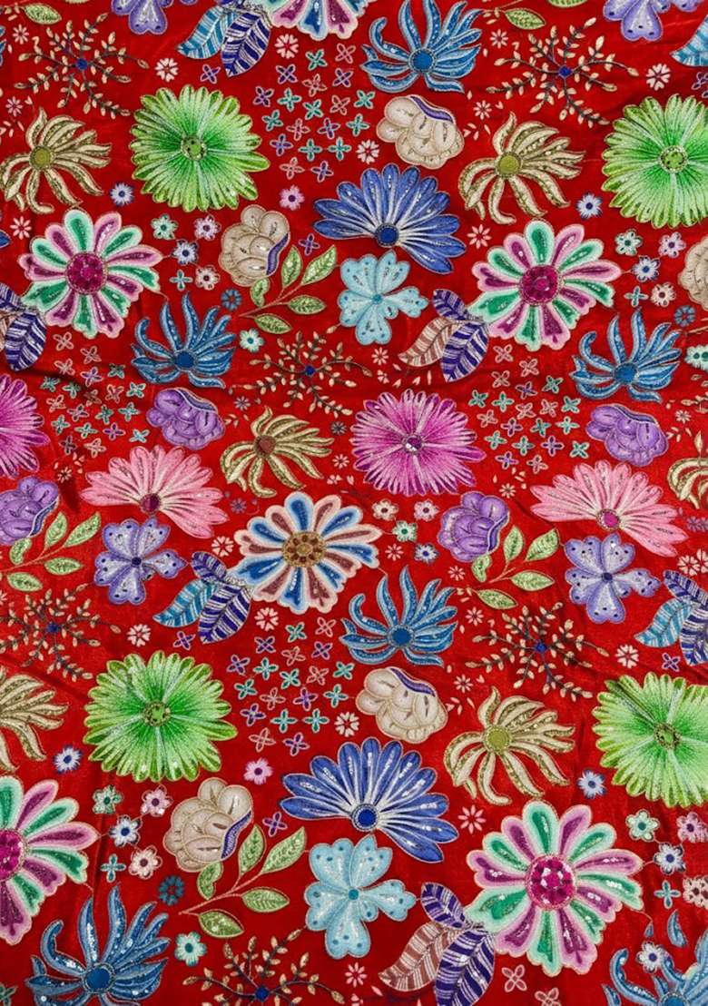 Red Chinon Lehenga Set with Floral Print for Diwali | Wedding & Festive Wear - Indya