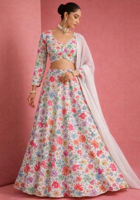 Soft Pink Floral Print Chinon Lehenga Set