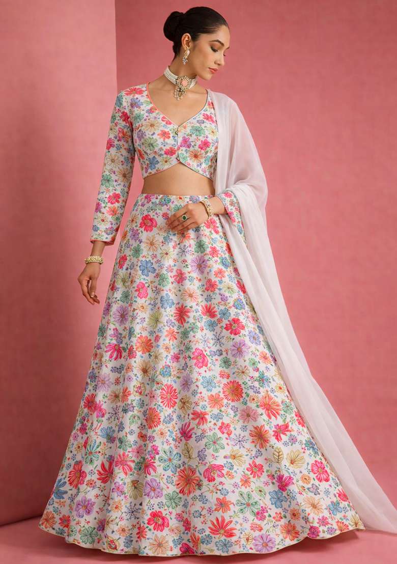 Soft Pink Floral Print Chinon Lehenga Set for Diwali and Festive Wear - Indya
