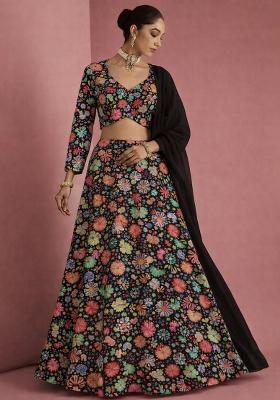 Black Floral Print Chinon Lehenga Set
