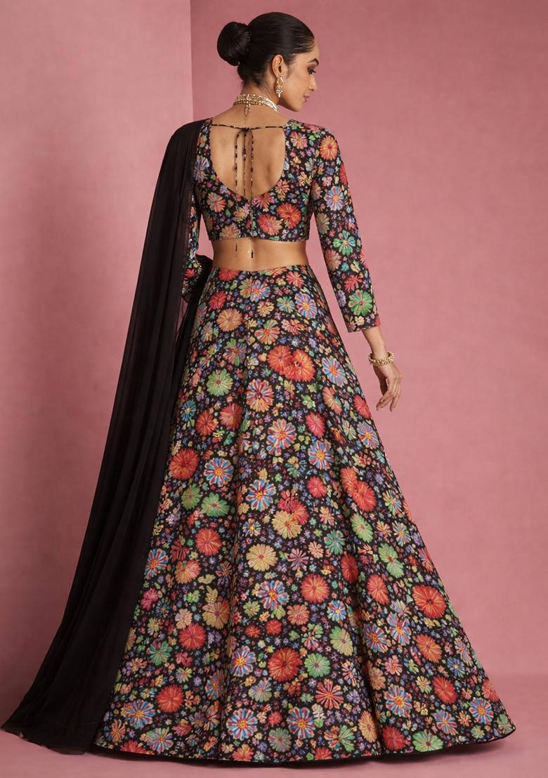 Black Floral Print Chinon Lehenga Set - Indya