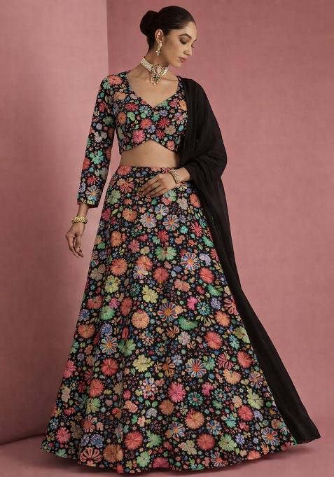 Black Floral Print Chinon Lehenga Set