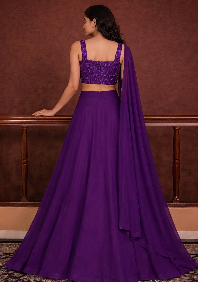 Purple Embroidered Georgette Lehenga Set - Indya