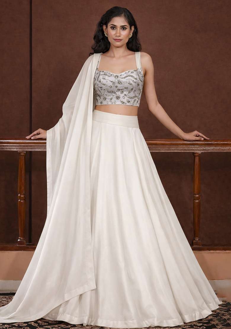 White Embroidered Georgette Lehenga Set - Indya