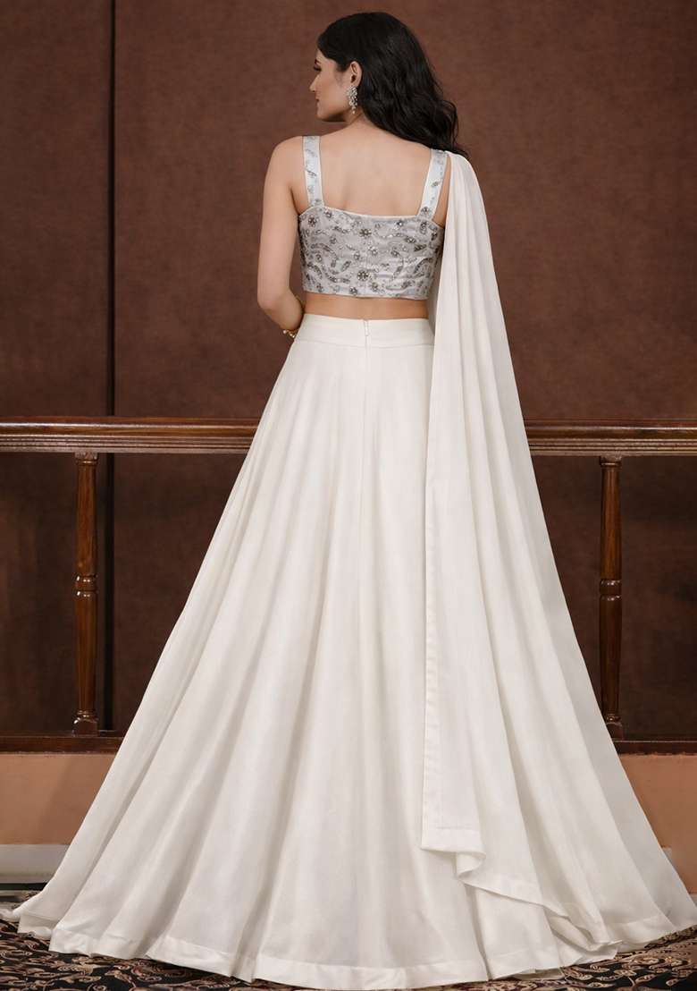 White Embroidered Georgette Lehenga Set - Indya