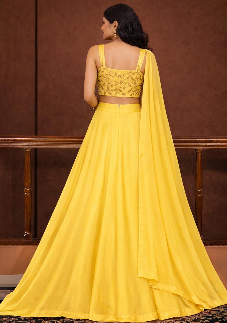 Yellow Embroidered Silk Lehenga Set - Indya