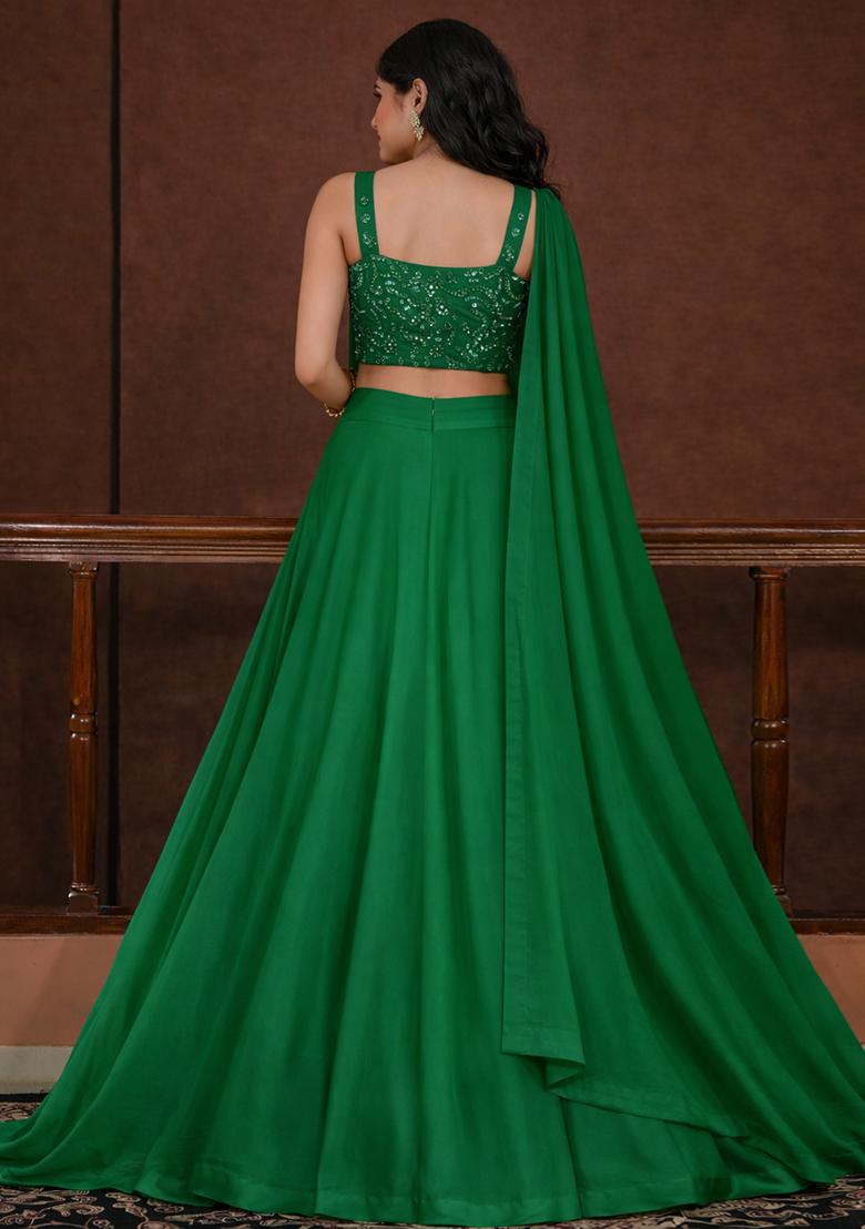 Green Embroidered Silk Lehenga Set - Indya