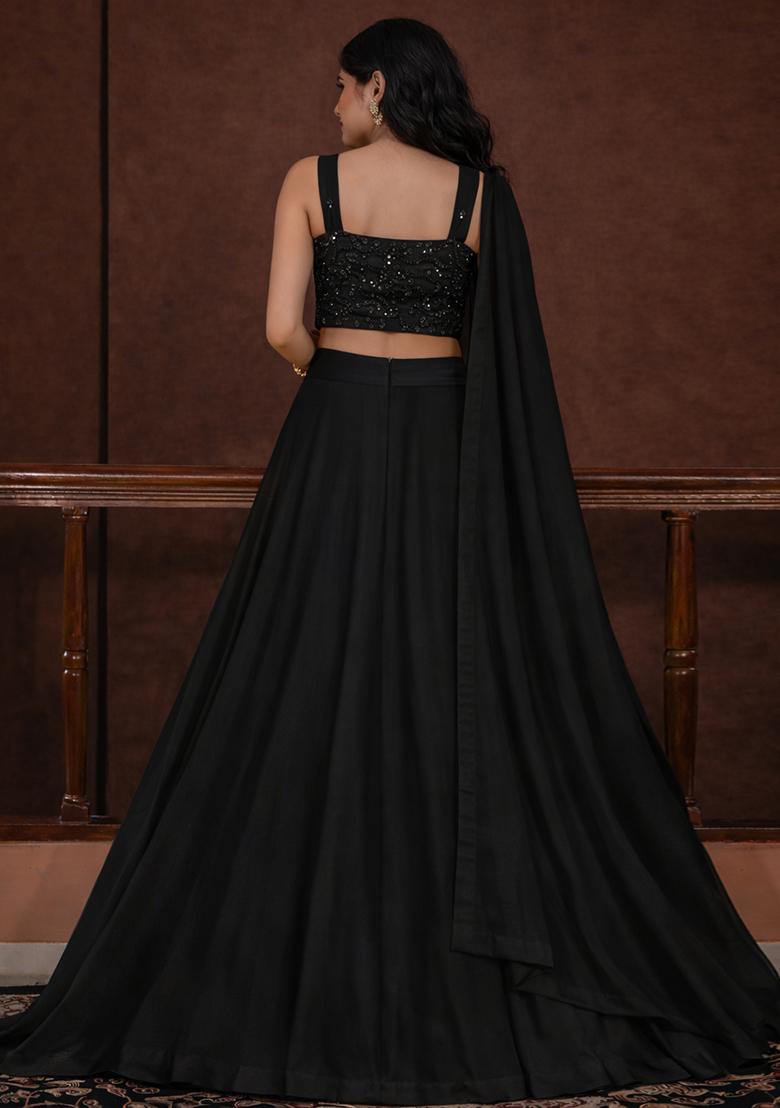 Black Embroidered Silk Lehenga Set - Indya