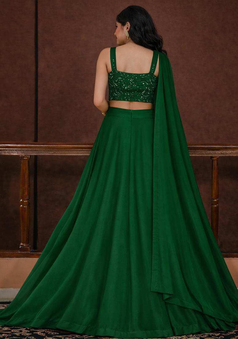 Bottle Green Embroidered Silk Lehenga Set - Indya