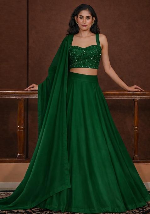 Bottle Green Embroidered Silk Lehenga Set