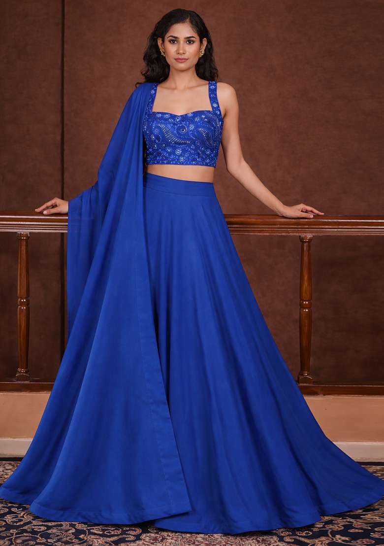 Royal Blue Embroidered Georgette Lehenga Set - Indya