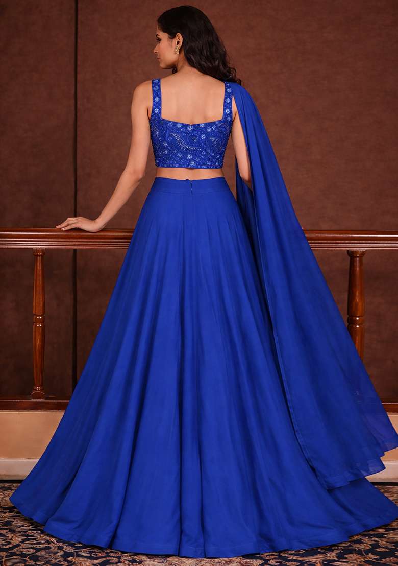 Royal Blue Embroidered Georgette Lehenga Set - Indya