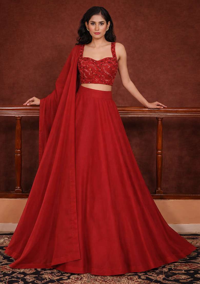 Red Embroidered Georgette Lehenga Set - Indya