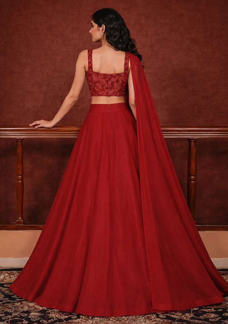 Red Embroidered Georgette Lehenga Set - Indya