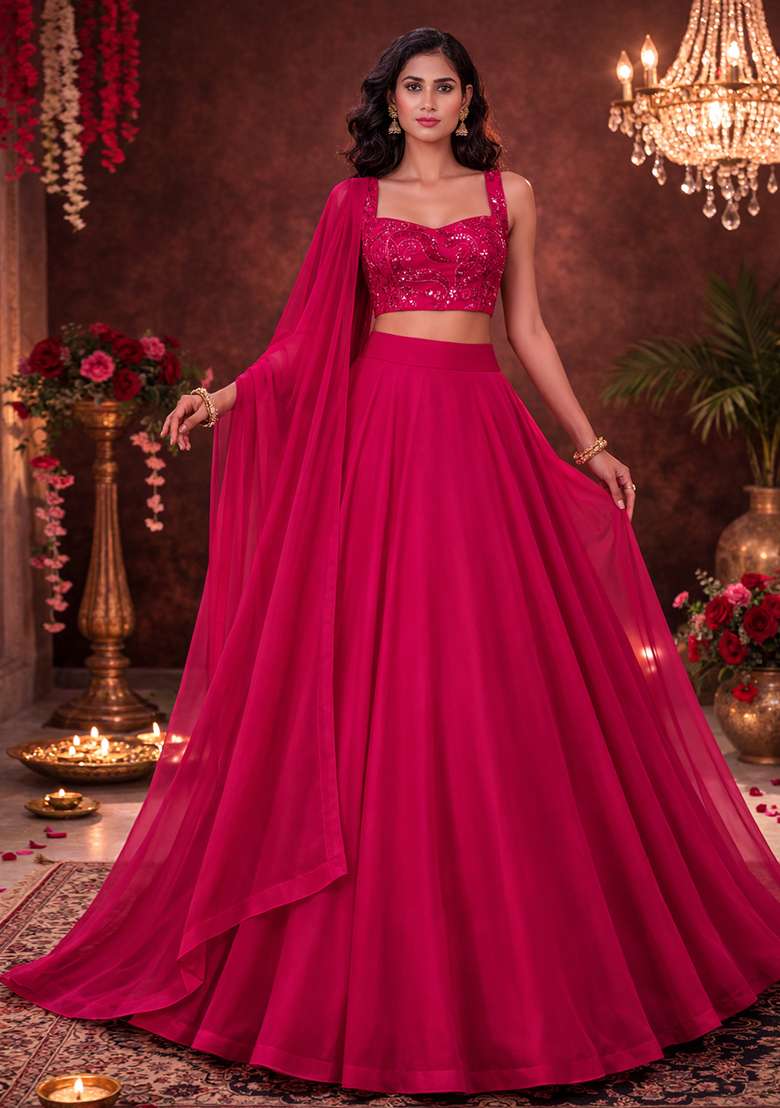 Rani Pink Embroidered Georgette Lehenga Set - Indya