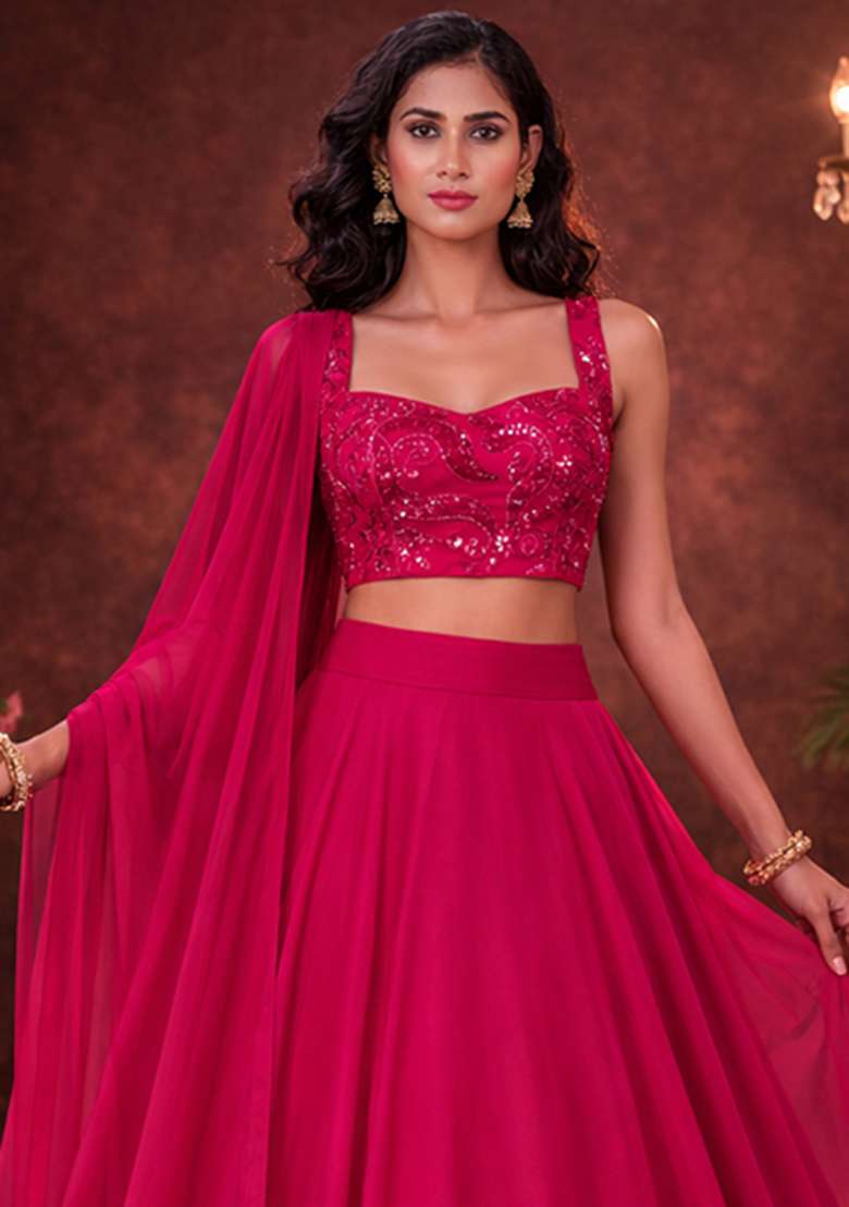 Rani Pink Embroidered Georgette Lehenga Set - Indya