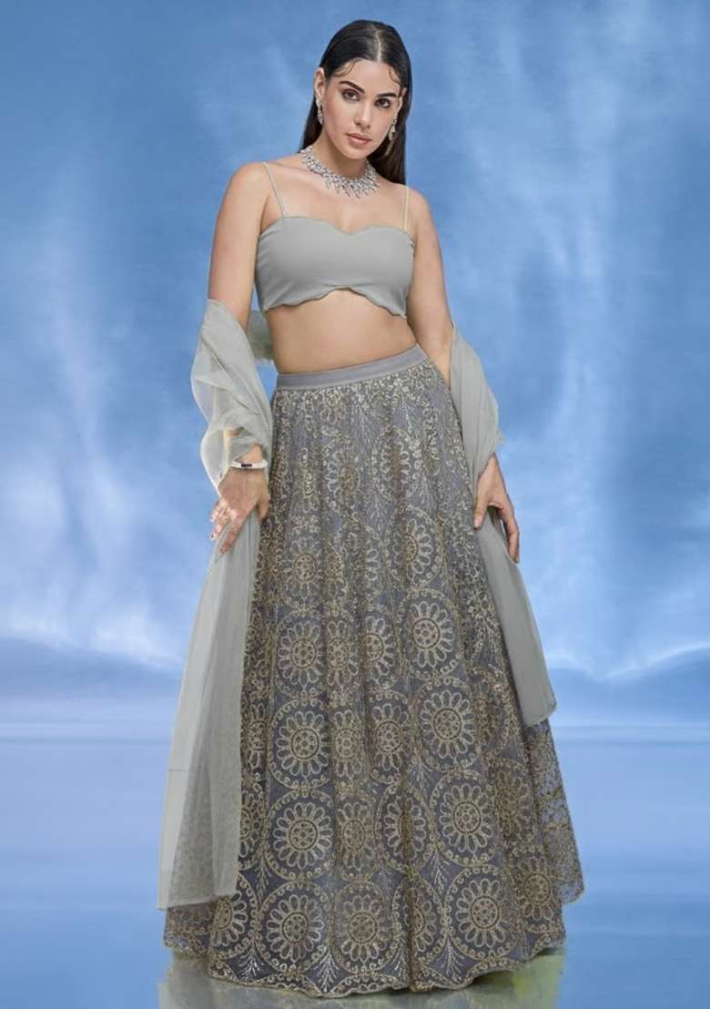 Grey Sequin Shimmer Lehenga Set - Indya
