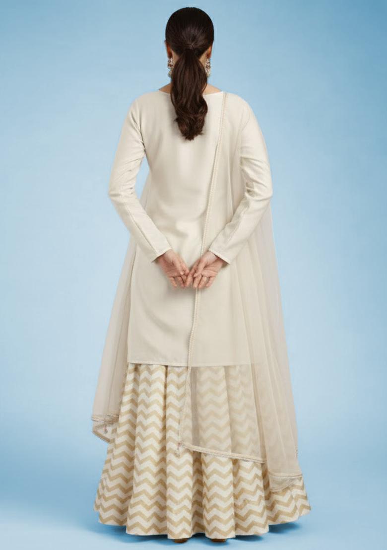 Ivory Printed Lurex Lehenga Set - Indya