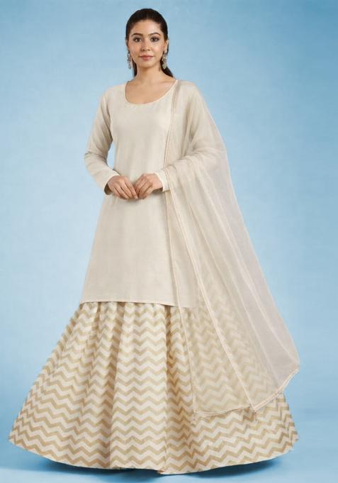 Ivory Printed Lurex Lehenga Set