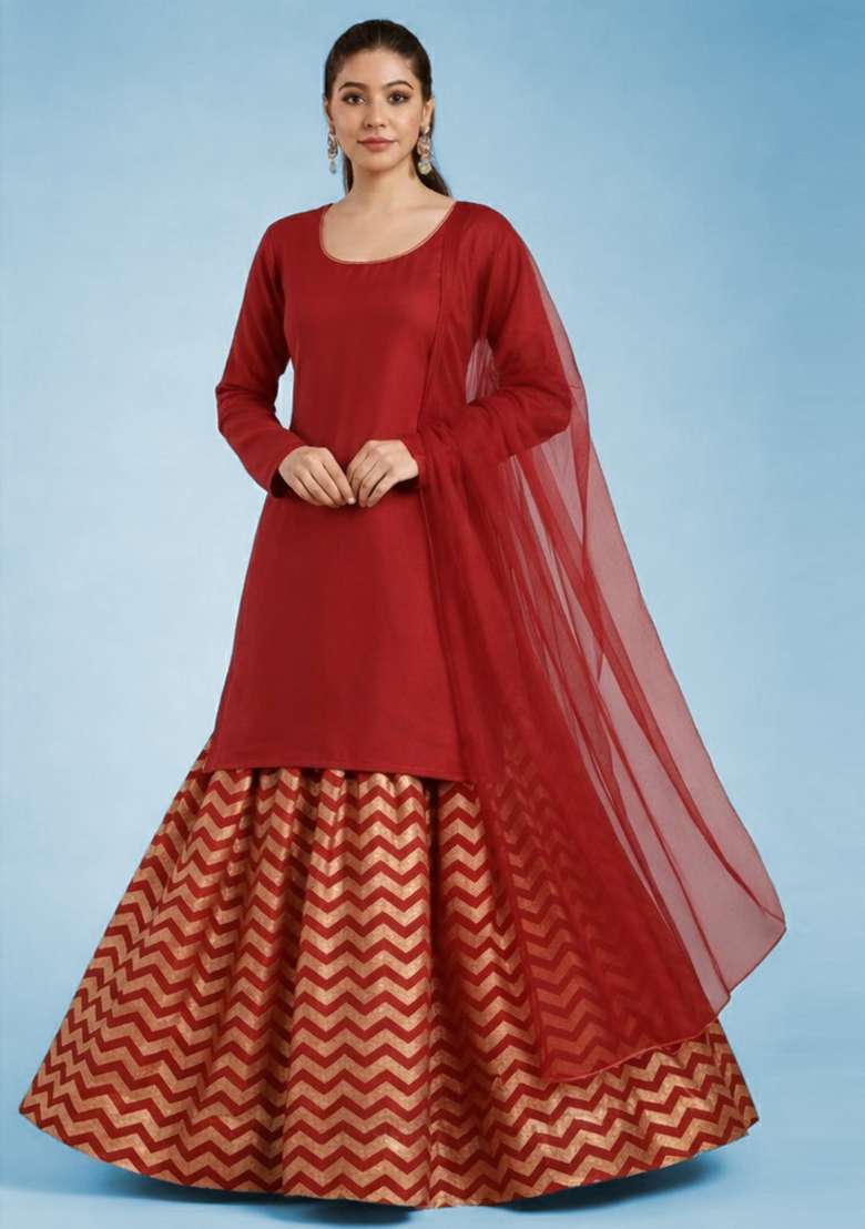 Red Printed Lurex Lehenga Set - Indya