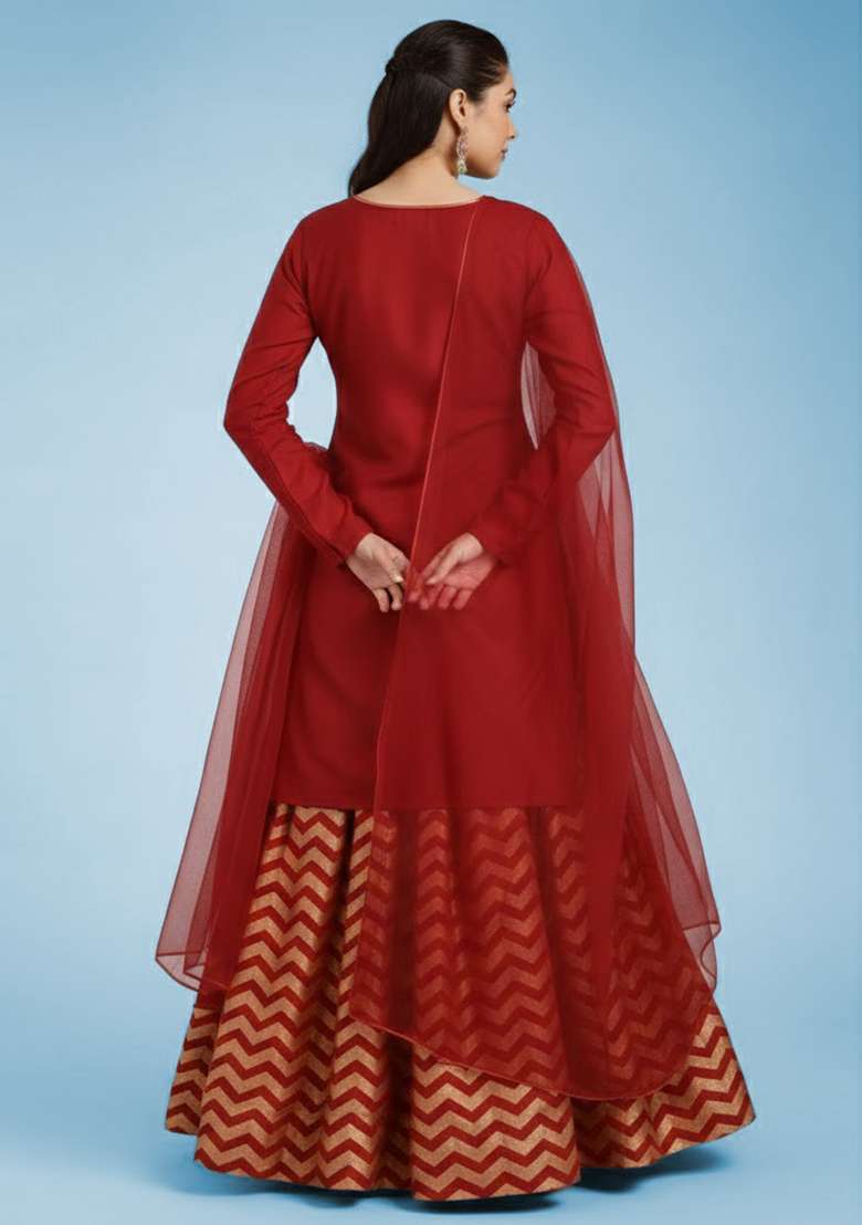 Red Printed Lurex Lehenga Set - Indya