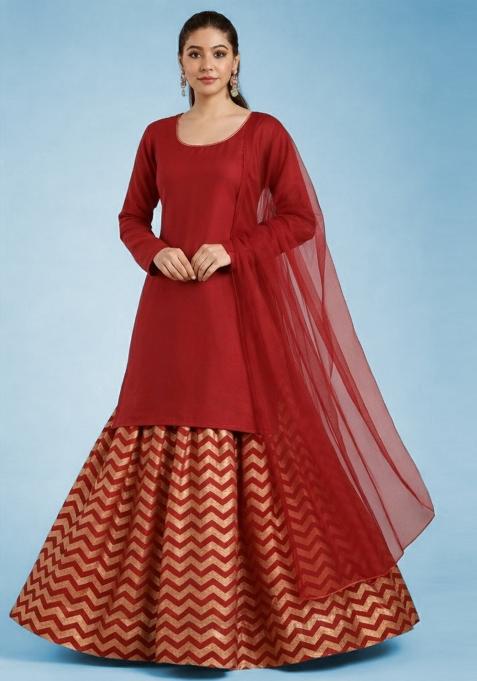 Red Printed Lurex Lehenga Set