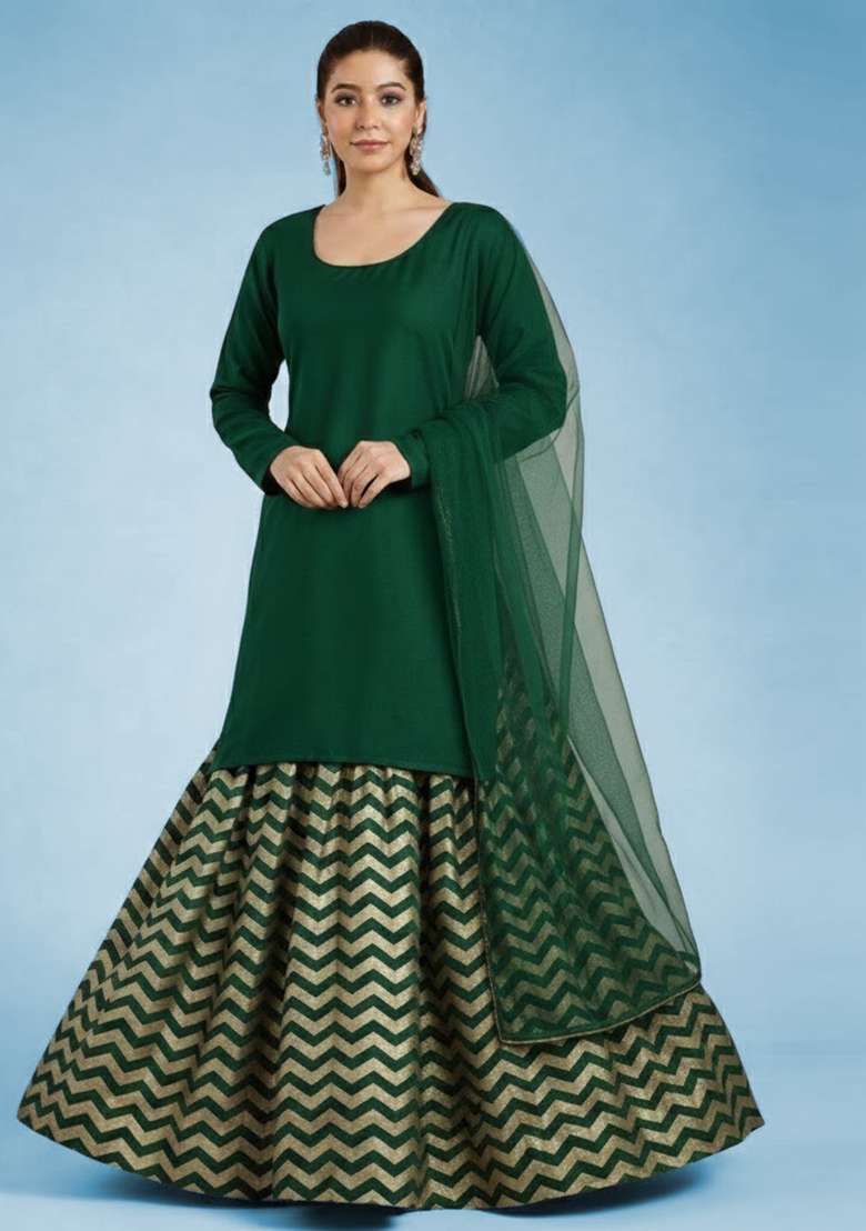 Green Printed Lurex Lehenga Set - Indya