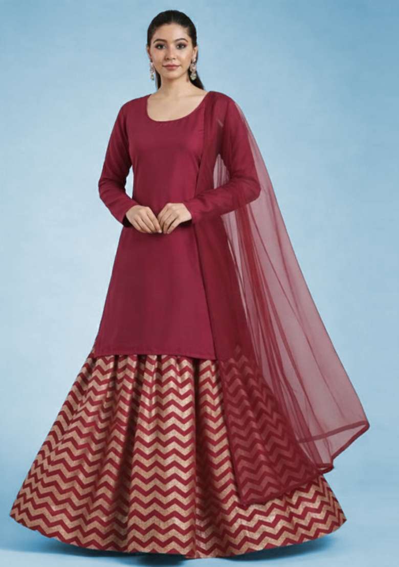 Pink Printed Lurex Lehenga Set - Indya