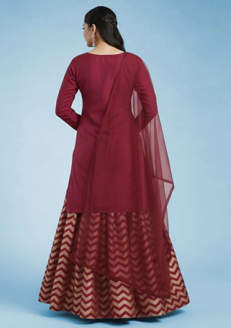 Pink Printed Lurex Lehenga Set - Indya