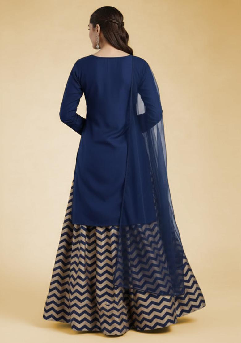 Blue Printed Lurex Lehenga Set - Indya