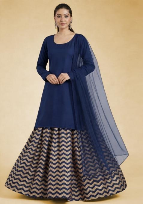 Blue Printed Lurex Lehenga Set