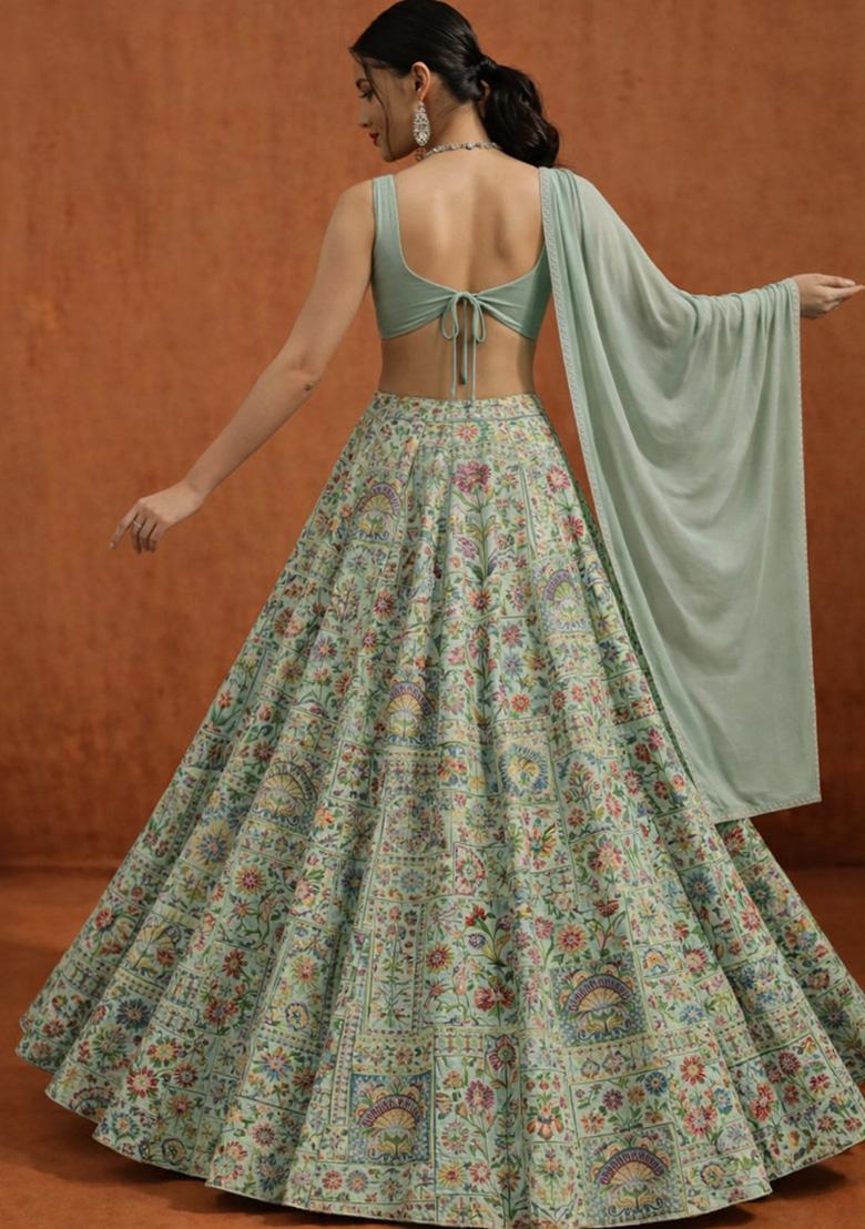 Mint Green Silk Lehenga Set - Indya