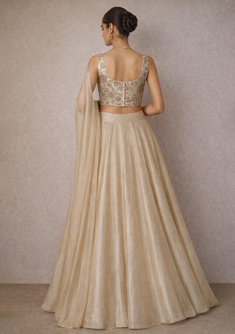 Champagne Gold Embroidered Crepe Lehenga Set - Indya