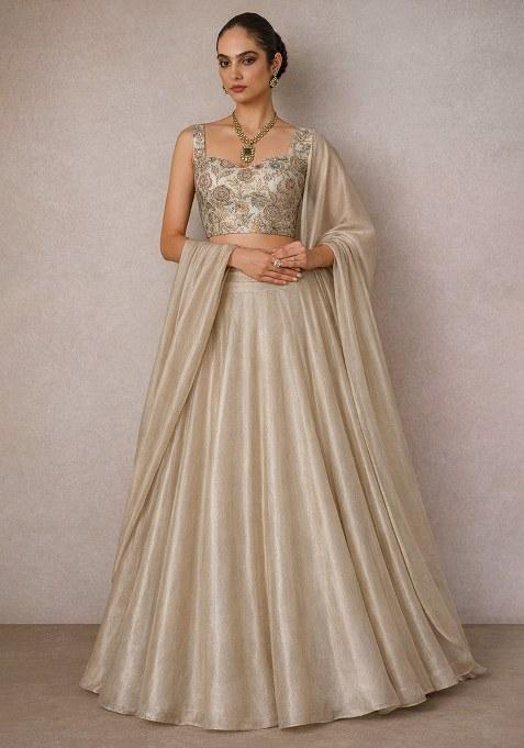 Champagne Gold Embroidered Crepe Lehenga Set