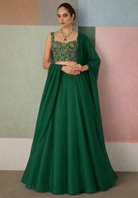 Dark Green Embroidered Crepe Lehenga Set