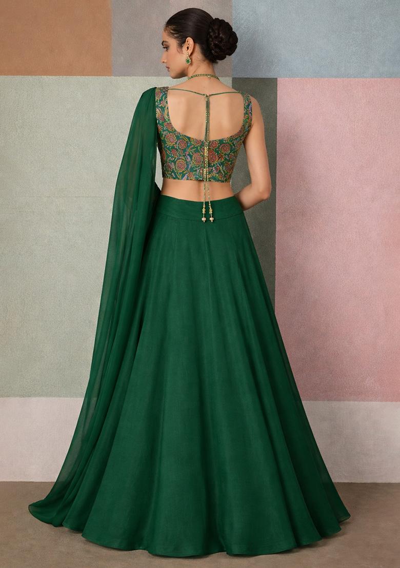 Dark Green Embroidered Crepe Lehenga Set - Indya