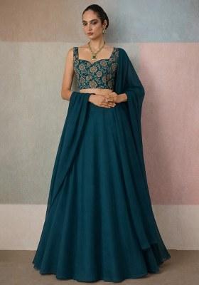 Teal Blue Embroidered Crepe Lehenga Set