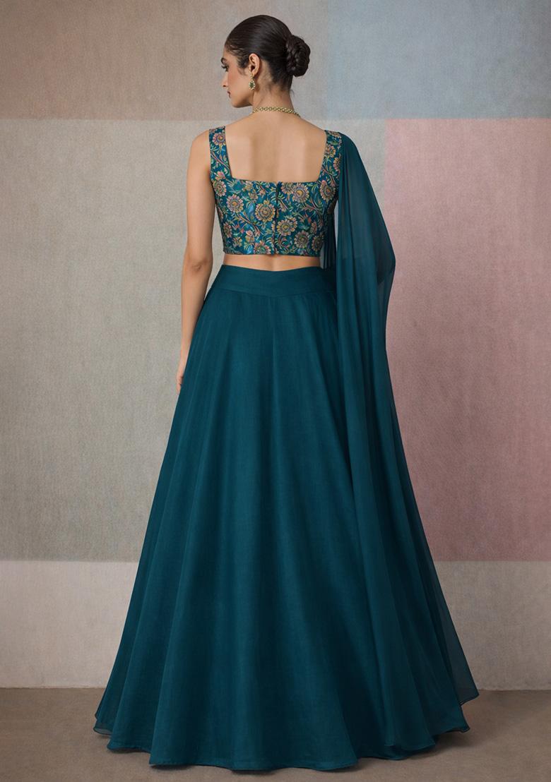 Teal Blue Embroidered Crepe Lehenga Set - Indya