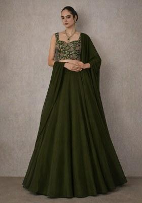 Emerald Green Embroidered Crepe Lehenga Set
