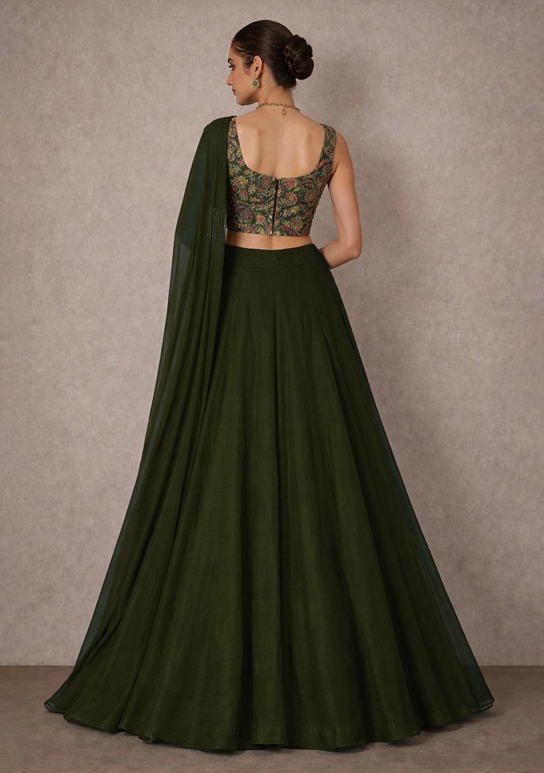 Emerald Green Embroidered Crepe Lehenga Set - Indya