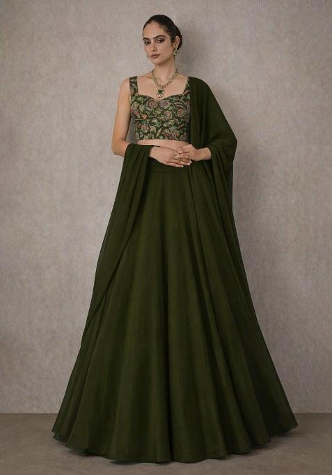 Emerald Green Embroidered Crepe Lehenga Set
