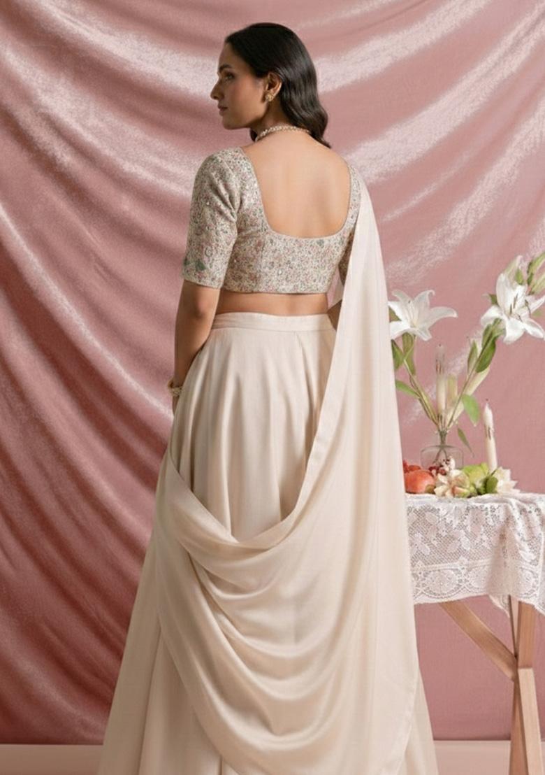 Ivory Embroidered Silk Lehenga Set - Indya