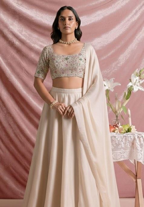 Ivory Embroidered Silk Lehenga Set