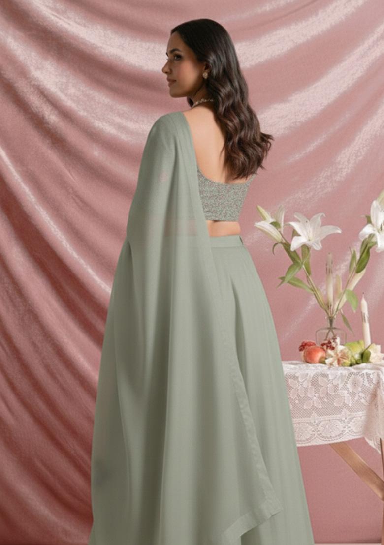 Sage Green Embroidered Silk Lehenga Set - Indya
