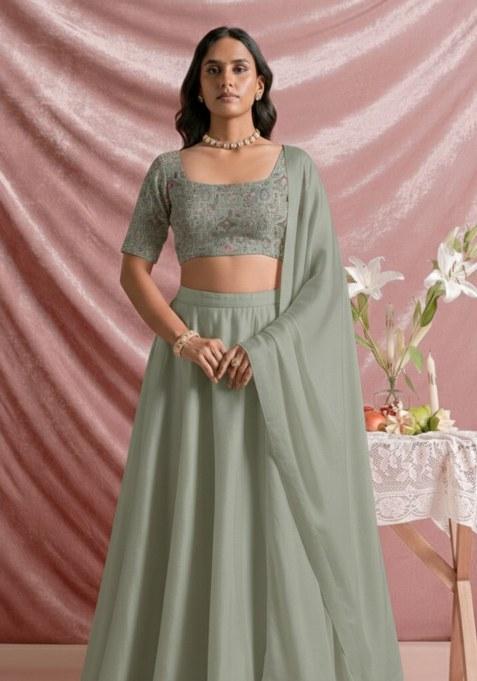 Sage Green Embroidered Silk Lehenga Set