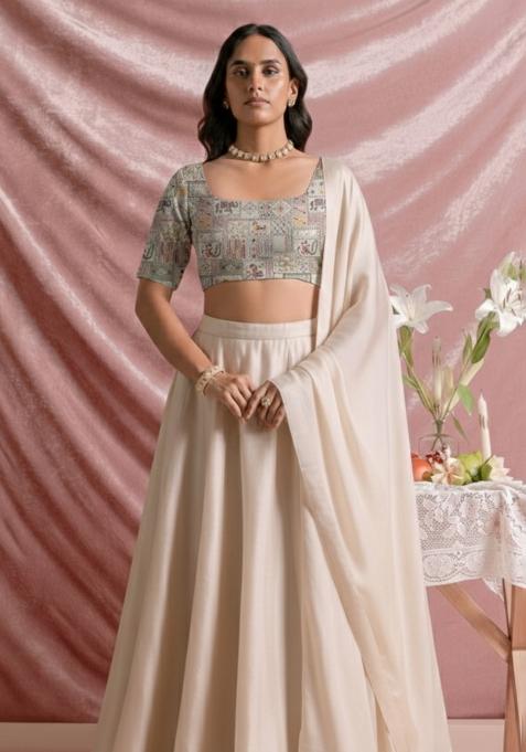 Beige Embroidered Silk Lehenga Set