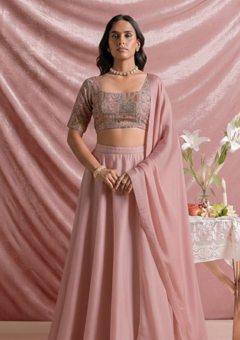 Baby Pink Embroidered Silk Blend Lehenga Set - Indya
