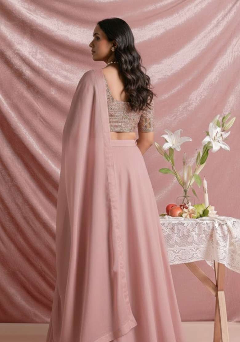 Baby Pink Embroidered Silk Blend Lehenga Set - Indya