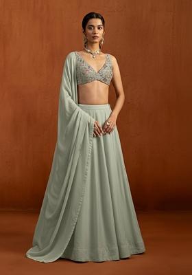Sage Green Embroidered Silk Lehenga Set